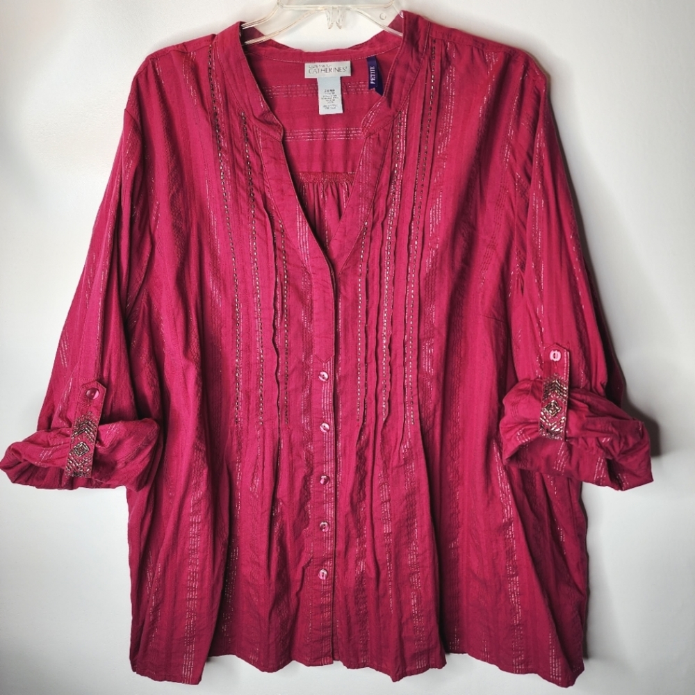 Liz & Me Catherines Blouse Fuchsia Pink Beaded Metallic Size 2XWP 22/24W